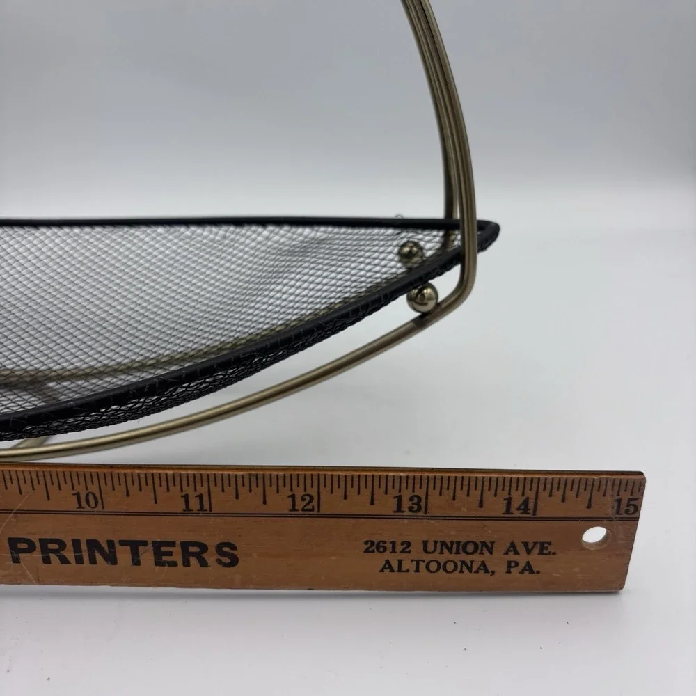MCM Vintage Mesh Oval Table Metal Basket Black and Gold 14